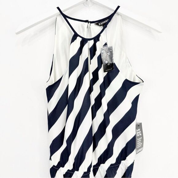 Express Navy Blue Cream Diagonal Stripe Sashed Nautical Coastal Halter Dress NEW - Picture 4 of 16